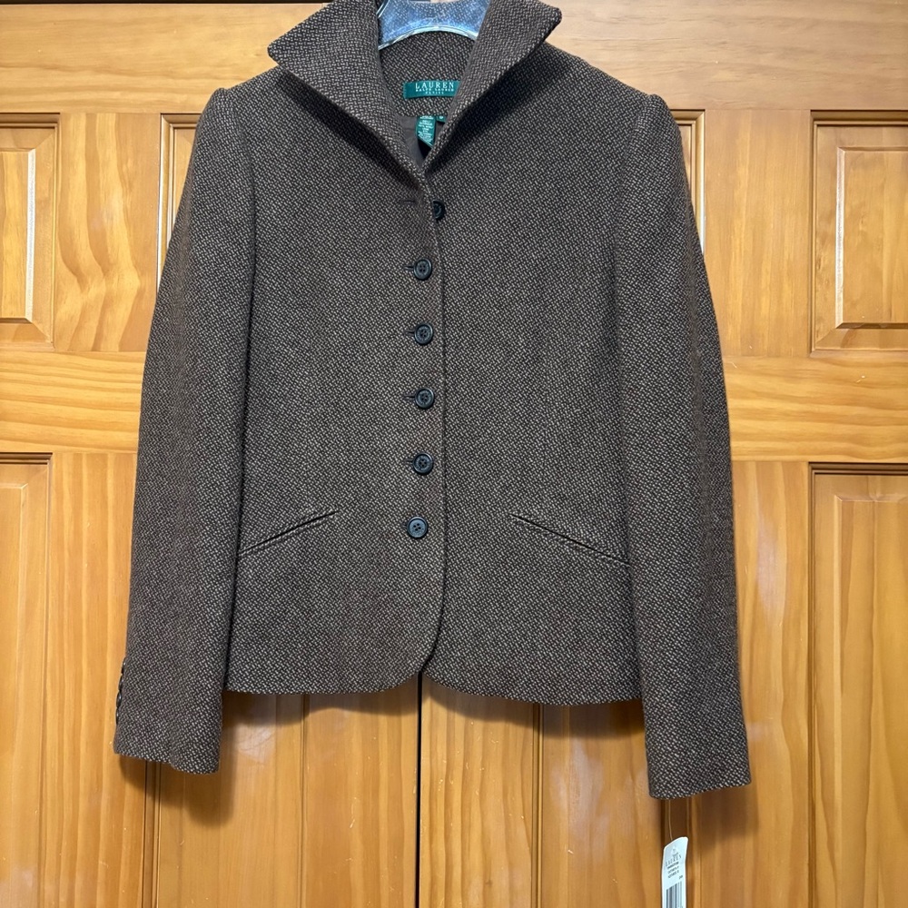 Lauren Ralph Lauren Brown Tweed Stand-Collar Button Blazer Size 6P NWT
